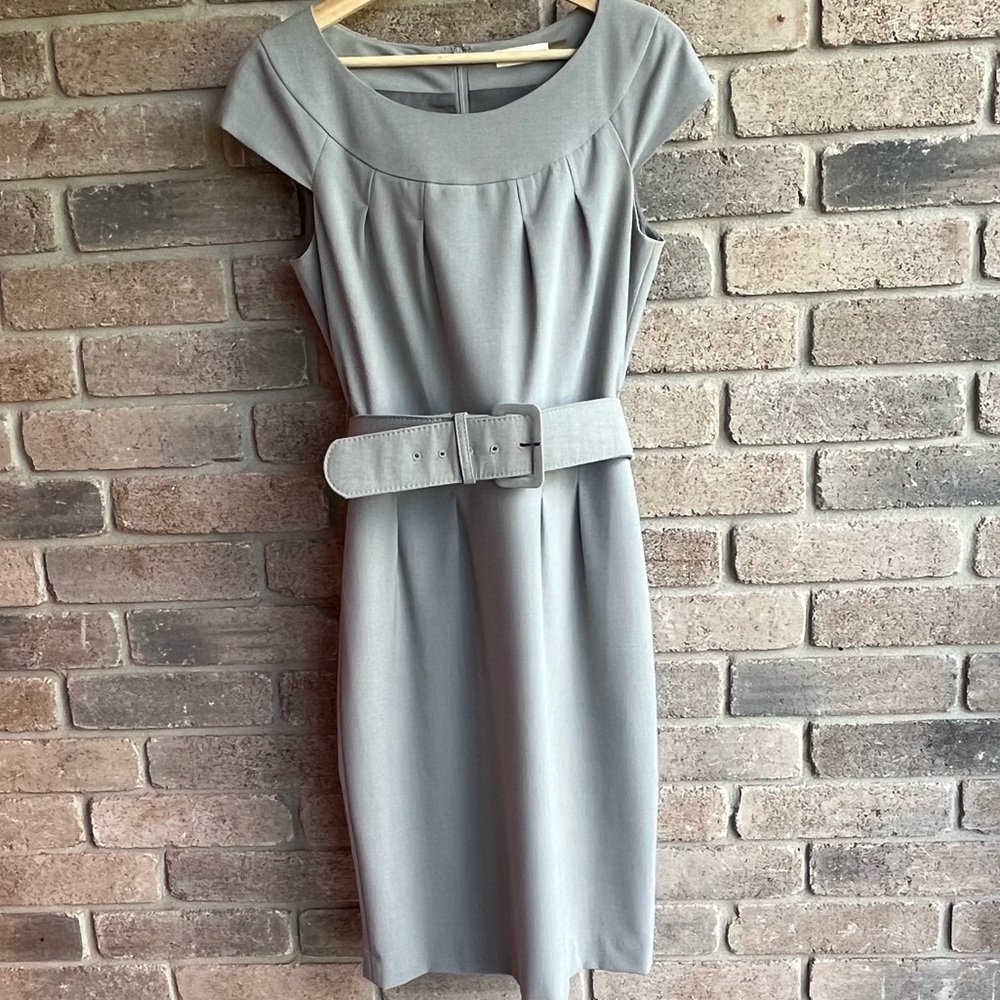 Calvin Klein light gray (baby blue) size 6 Boat Neck, Cap Sleeve, belted Dress